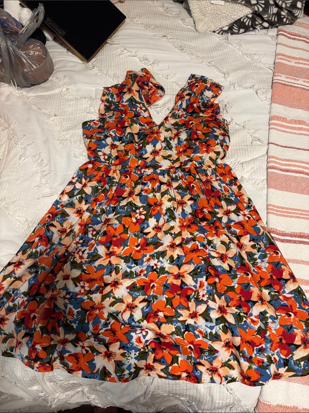 SHEIN Orange and Blue Floral Ruffle Mini Dress